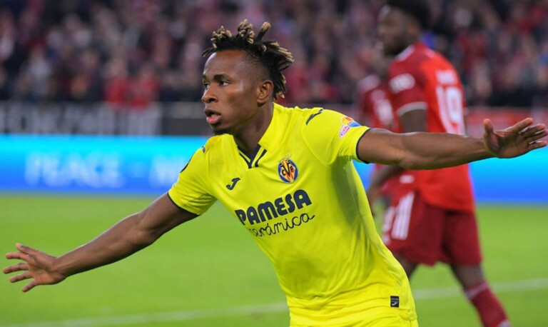 la joie de Sam Chukwueze buteur pour Villarreal sur le terrain du Bayern Munich, le 12 avril 2022