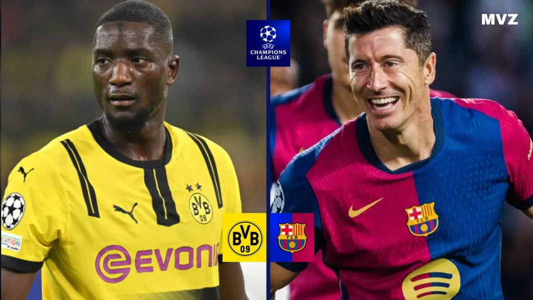 affiche-dortmund-vs-barcelone-avec-guirassy-a-gauche-et-lewandowski-a-droite-en-ligue-des-champions